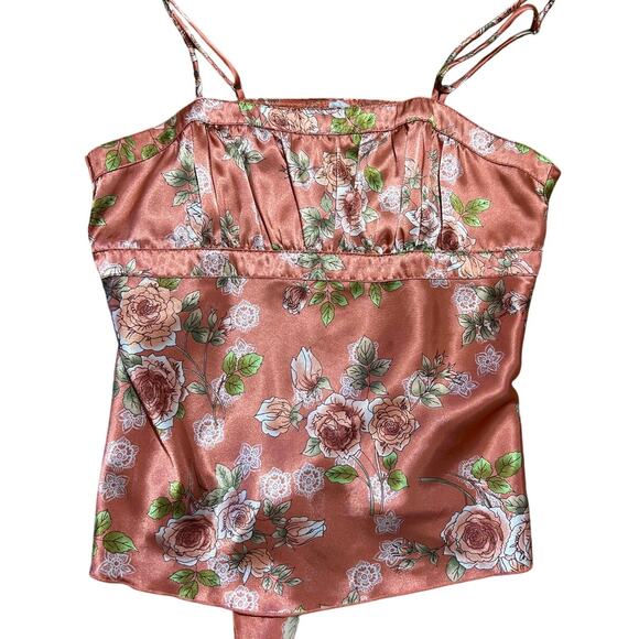 VINTAGE Self Esteem Y2K Floral Satin Cami Pink Rose Print Adjustable Straps - Picture 7 of 7